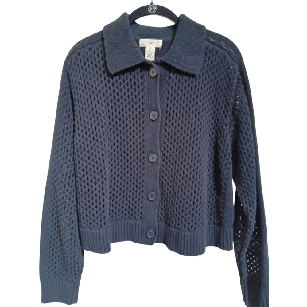 H&M Knitted Mesh Polo Button Front Cardigan in Black - Picture 4 of 9